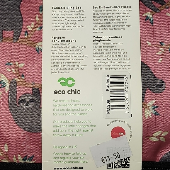 Eco Chic Foldable Sling Bag With Cute Sloths NWT - Picture 5 of 6